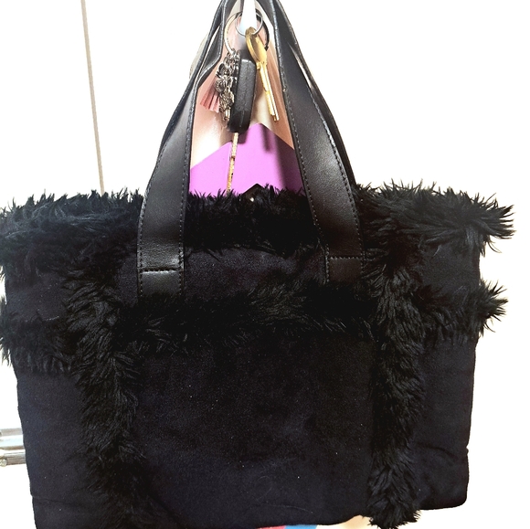 UGG Australia Black Suede leather Shearling Sherpa Sheepskin TopHandle Tote Hand - Picture 7 of 14